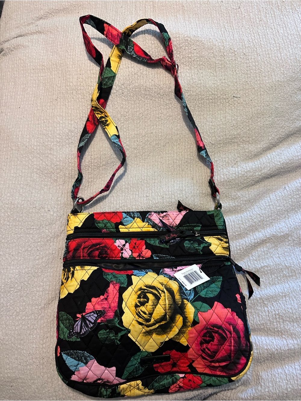 Vera Bradley Floral Crossbody Bag in Black with Yellow & Pink Roses